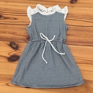 EUC Sophia + Zeke Navy and White Striped Kids Dress with Lace Accents size 4